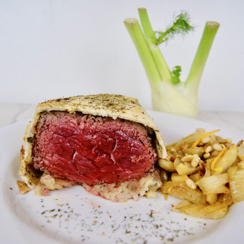 Pavé de boeuf en croûte de thym et poêlée de fenouil à l’orange