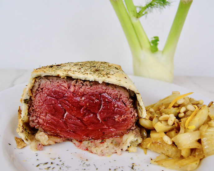 Pavé de boeuf en croûte de thym et poêlée de fenouil à l’orange
