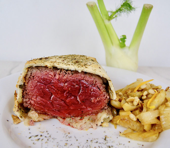 Pavé de boeuf en croûte de thym et poêlée de fenouil à l’orange