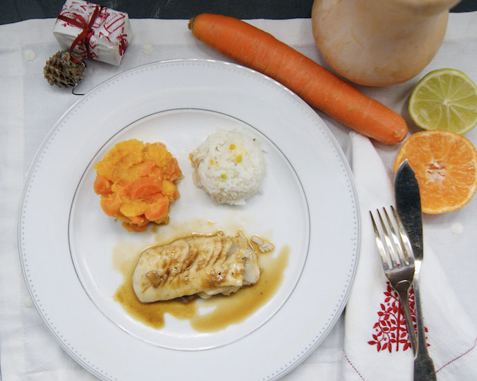 Cabillaud, courge et carottes sautées, sauce aux agrumes caramélisés