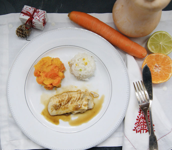 Cabillaud, courge et carottes sautées, sauce aux agrumes caramélisés