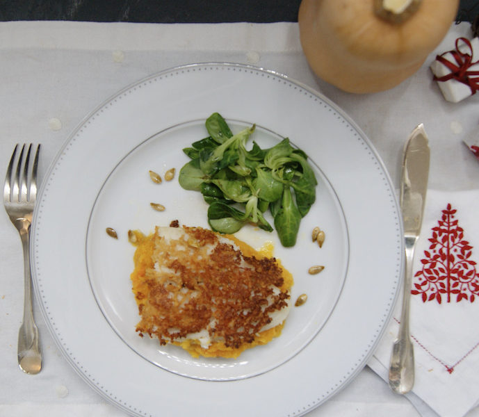 Pavé de cabillaud poêlé, écrasée de potimarron et crumble de foie gras