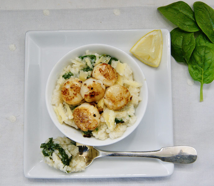 Risotto aux épinards et noix de Saint Jacques poêlées