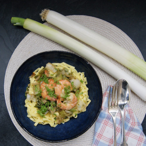 Fettucine aux poireaux et gambas