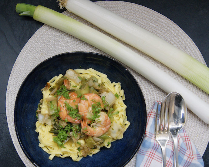 Fettucine aux poireaux et gambas