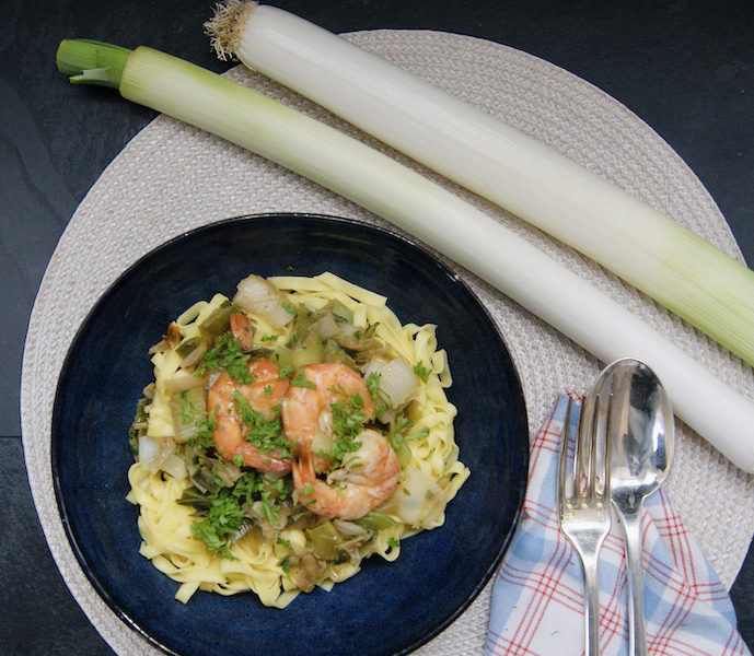 Fettucine aux poireaux et gambas