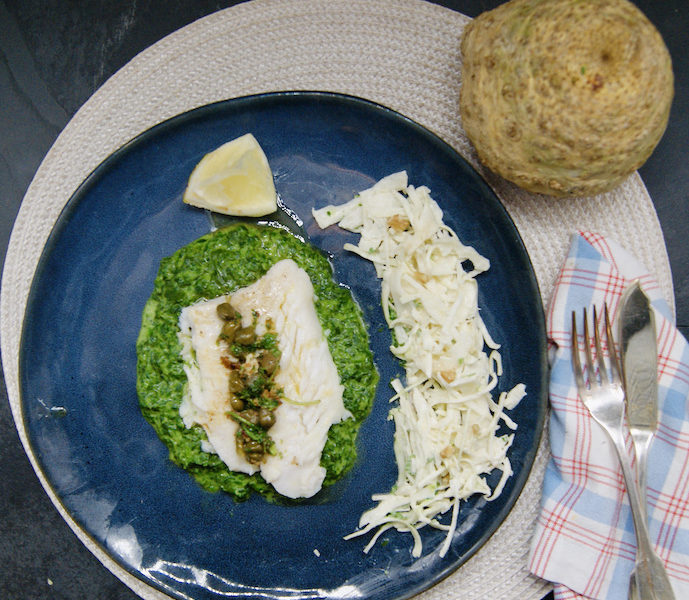 Cabillaud poêlé et rémoulade de céleri-rave aux noix
