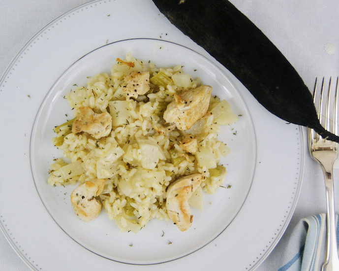 Risotto au radis noir et aiguillettes de poulet