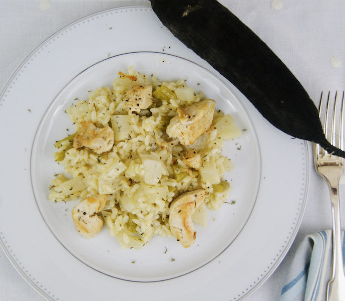 Risotto au radis noir et aiguillettes de poulet