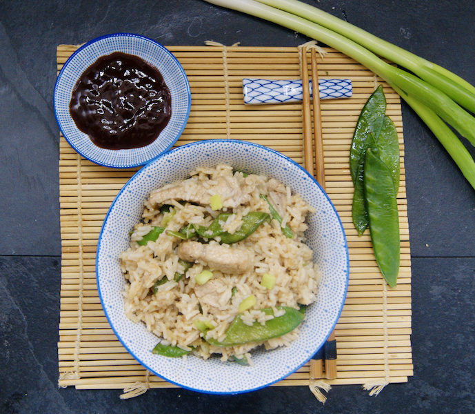 Porc et riz frit aux pois mange-tout