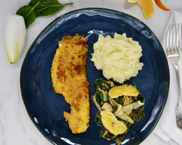 Escalopes de veau panées, endives braisées aux épinards et à l’orange