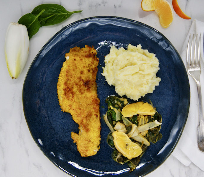 Escalopes de veau panées, endives braisées aux épinards et à l’orange