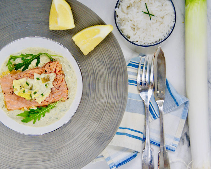 Saumon poêlé et sa crème aux poireaux