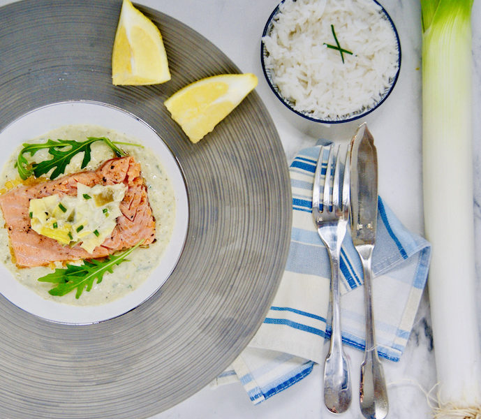 Saumon poêlé et sa crème aux poireaux