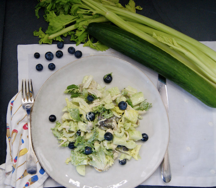 Blancs de poulet, salade de céleri et concombre aux myrtilles