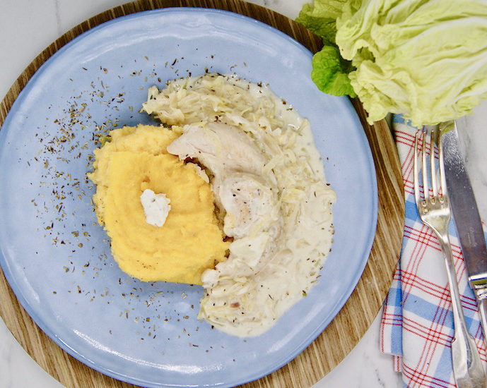 Polenta à l’émincé de poulet et chou
