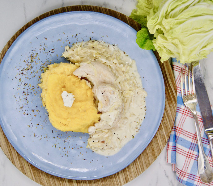 Polenta à l’émincé de poulet et chou