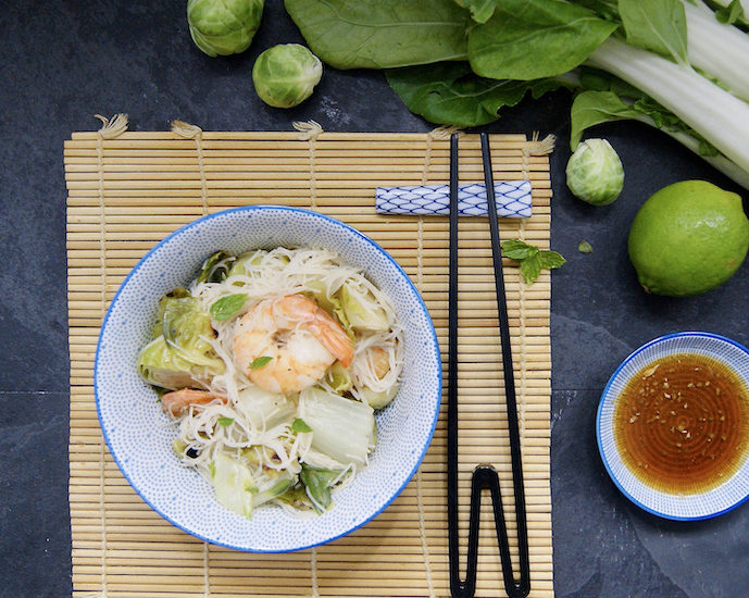 Sauté de crevettes et choux de Bruxelles