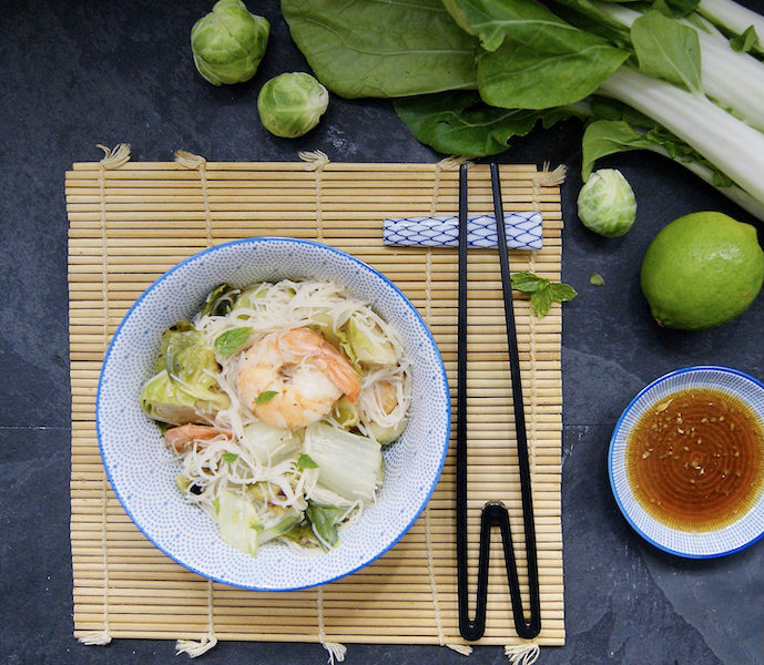 Sauté de crevettes et choux de Bruxelles