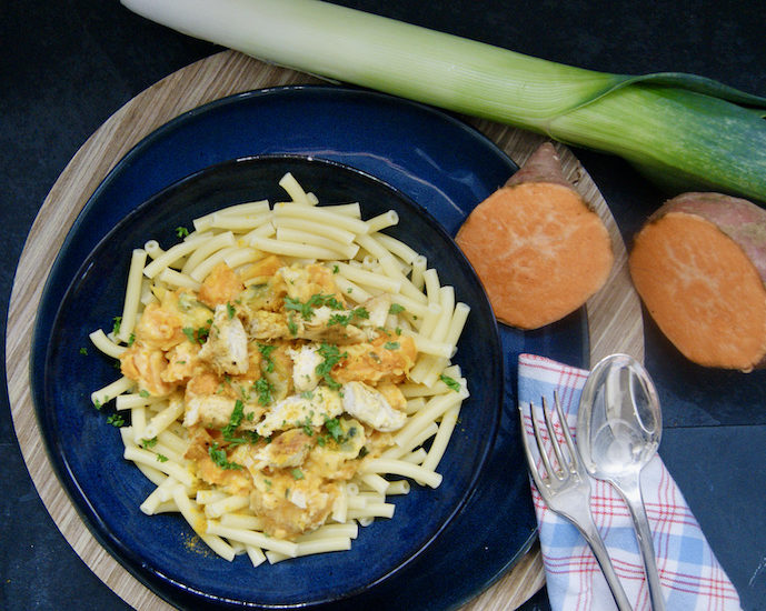 Pâtes au poulet, poireaux et patates douces