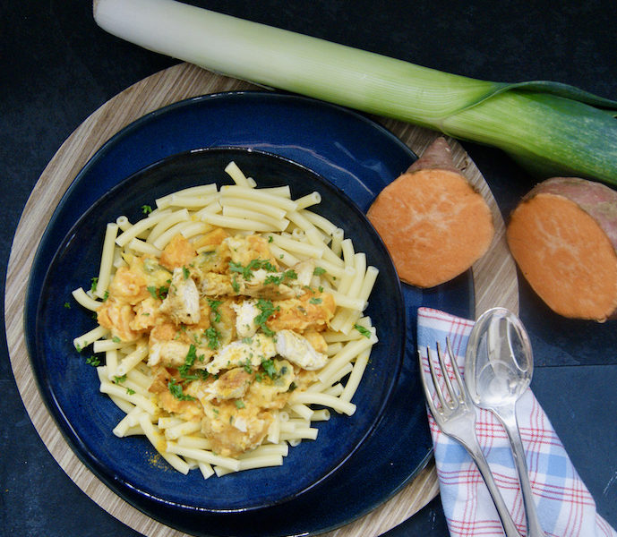 Pâtes au poulet, poireaux et patates douces