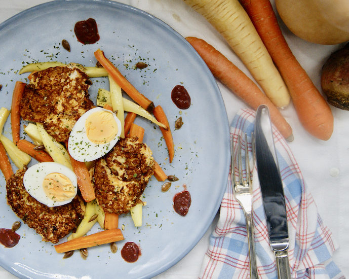 Galettes de butternut, légumes grillés et oeuf mollet