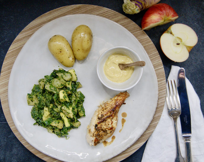 Poêlée de poulet, navets et épinards