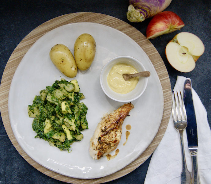 Poêlée de poulet, navets et épinards