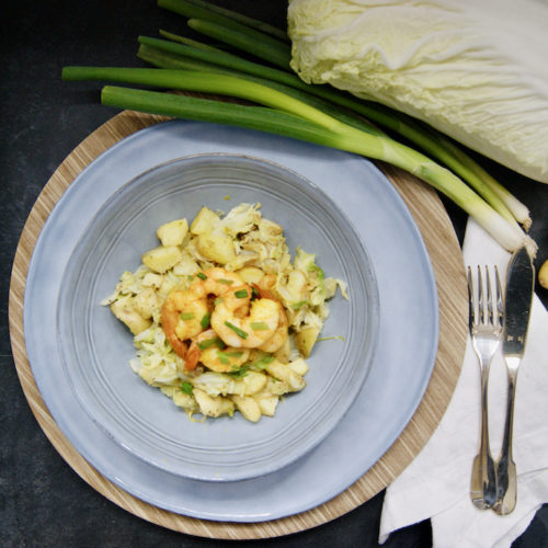 Crevettes et pommes de terre sautées au chou chinois