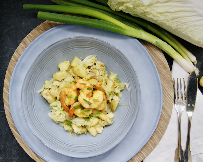 Crevettes et pommes de terre sautées au chou chinois