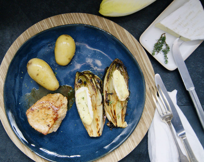 Médaillons de veau, endives au gratin et pommes de terre