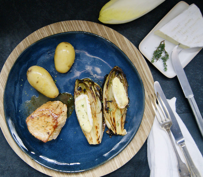 Médaillons de veau, endives au gratin et pommes de terre