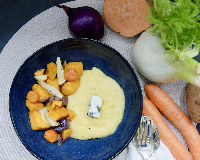 Polenta poivrée et légumes rôtis
