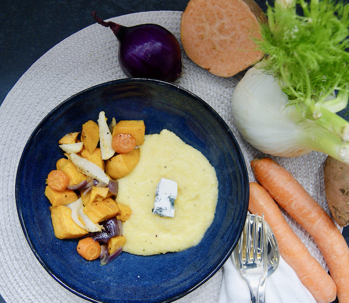 Polenta poivrée et légumes rôtis
