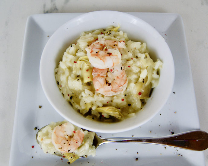 Risotto de petits artichauts aux crevettes