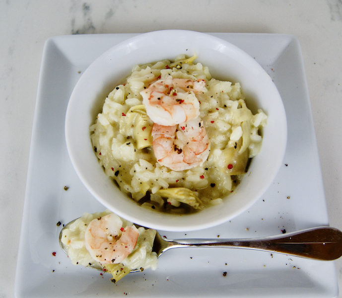 Risotto de petits artichauts aux crevettes