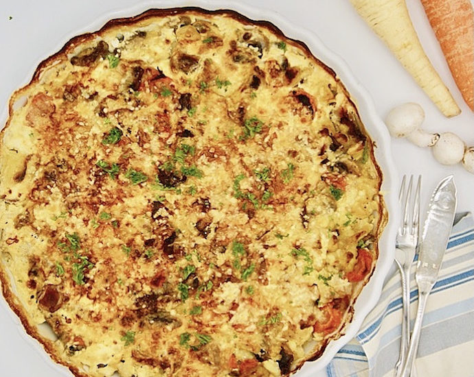 Gratin de tilapia aux carottes-champignons-panais et lardons