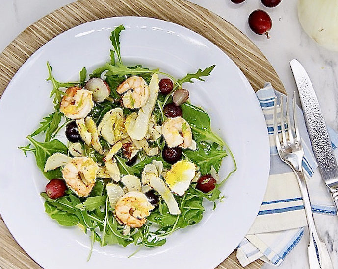 Salade de fenouil grillé, crevettes et vinaigrette à l’orange