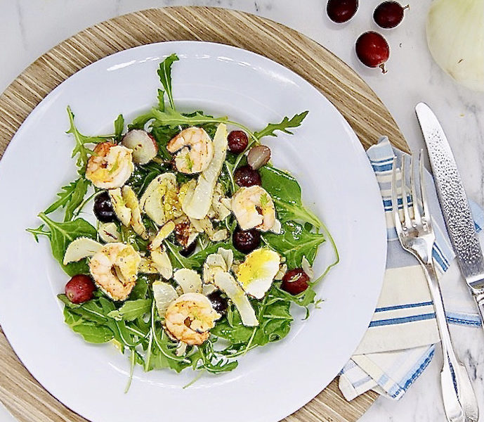 Salade de fenouil grillé, crevettes et vinaigrette à l’orange