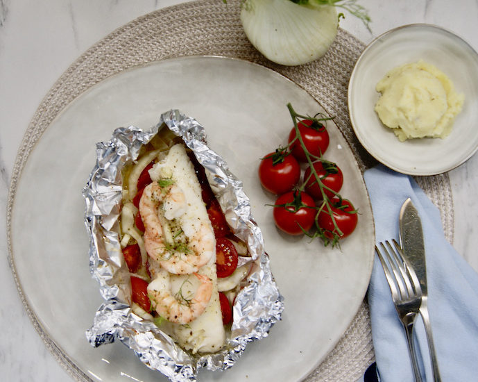 Papillote d’églefin et de crevettes aux fenouils