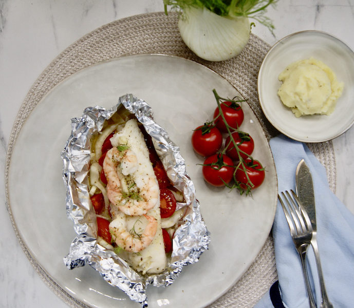 Papillote d’églefin et de crevettes aux fenouils