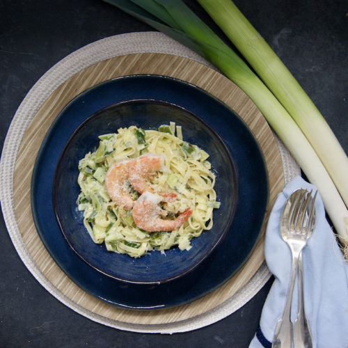 Pâtes aux scampis et aux poireaux