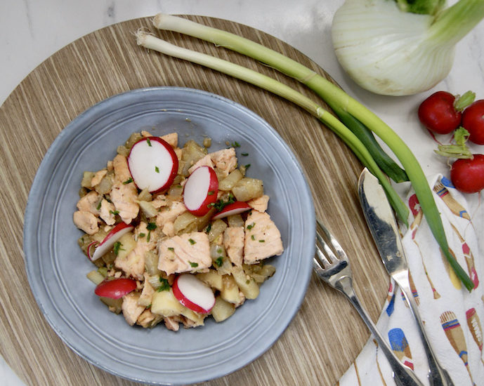 Wok de fenouil, radis et saumon
