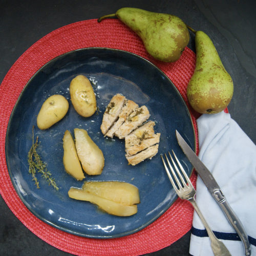 Poêlée de rôti de porc parfumé au thym et poires