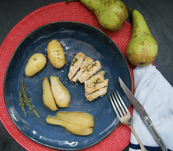 Poêlée de rôti de porc parfumé au thym et poires