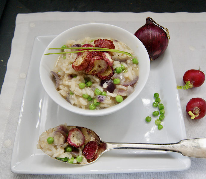 Risotto aux petits pois et radis rôtis