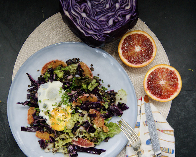 Salade d’hiver aux lentilles, chou rouge et oranges sanguines