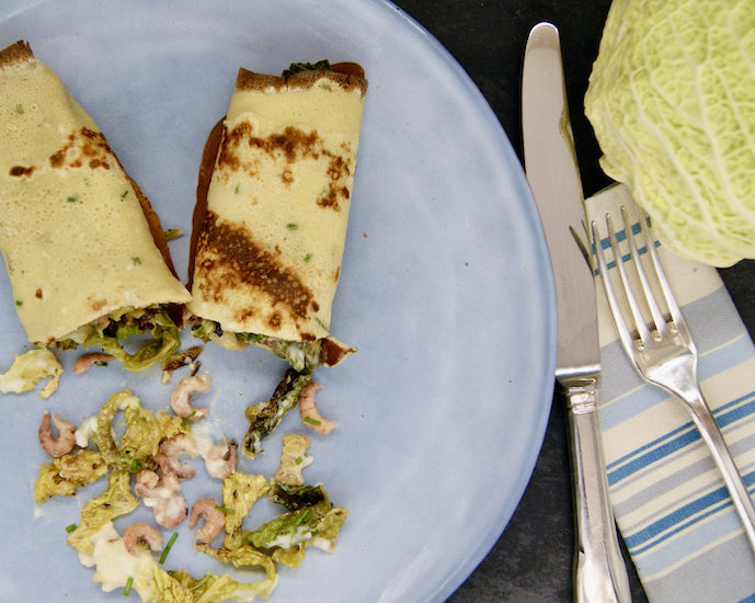Crêpes au chou vert et aux crevettes