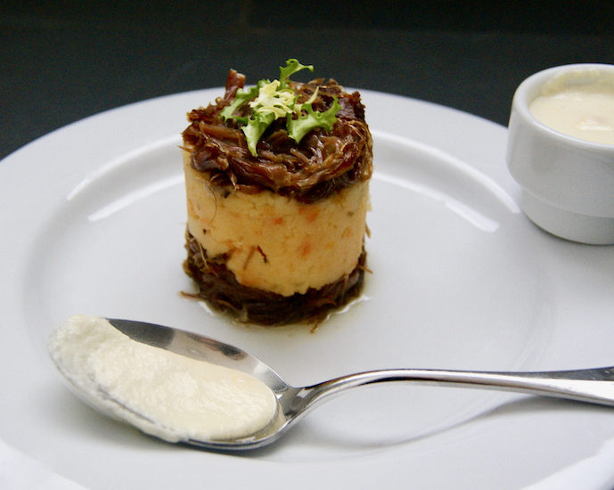 Mini-parmentiers de canard à la purée de potiron, crème au parmesan