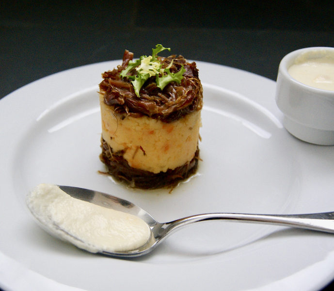 Mini-parmentiers de canard à la purée de potiron, crème au parmesan